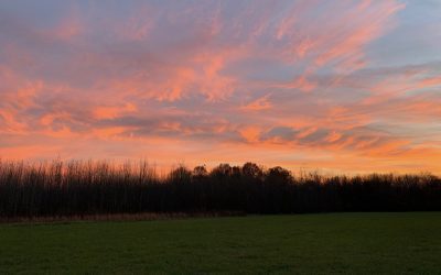 Hazy orange clouds above green landscape.
