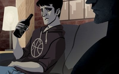 Illustration of two men uncertain as to whether they should bond.